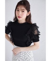 tocco closet(トッコクローゼット)/後ろリボン付きシアーフリルスリーブ切り替えリブカットプルオーバー/BLACK