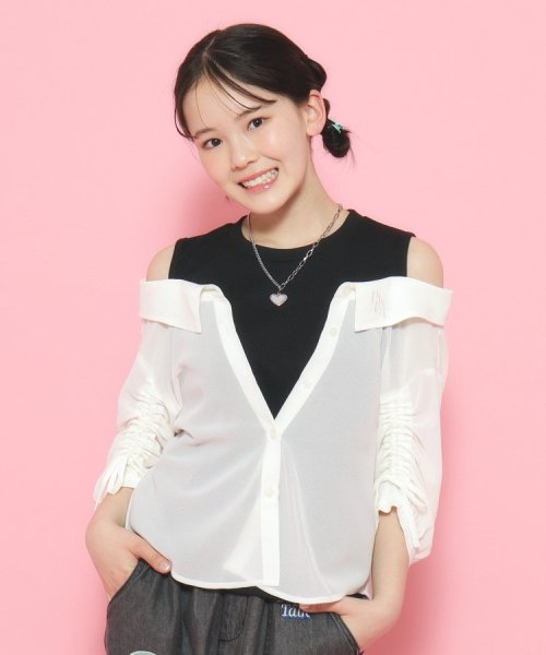 PINK-latte(ピンク　ラテ)/袖ギャザーシアーレイヤードデザインシャツ/オフホワイト（003）