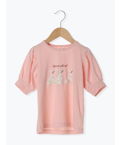 Samansa Mos2 Lagom(サマンサモスモス ラーゴム)/チュールポンポン付ウサギプリントTシャツ/ピンク