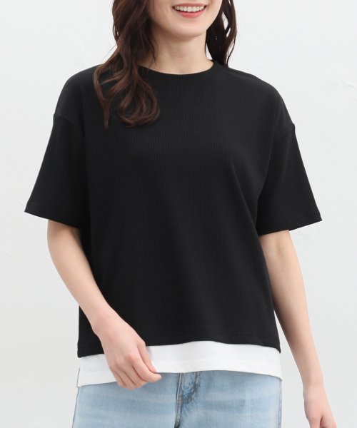 Honeys(ハニーズ)/裾レイヤード風テレコＴ トップス Tシャツ カットソー 半袖 重ね着風 接触冷感 /ブラック