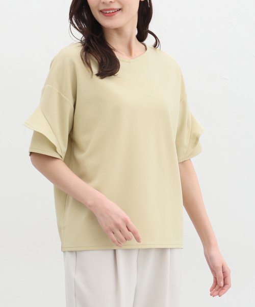 Honeys(ハニーズ)/袖フリルトップス トップス カットソー 半袖 大きいサイズ 接触冷感 UVカット 白 /グリーン