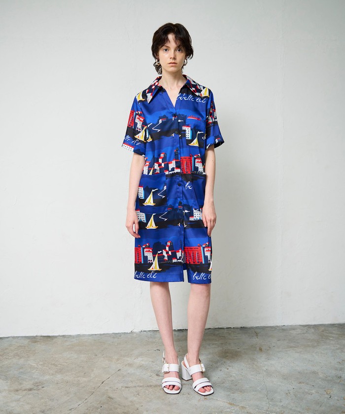 GRACECONTINENTAL マリンプリントシャツドレス ブルー 36 GRACECONTINENTAL マリンプリントシャツドレス ブルー 36
