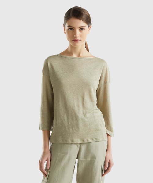 BENETTON (women)(ベネトン（レディース）)/リネン100%ボートネック7分袖ドロップショルダーTシャツ・カットソー/ベージュ