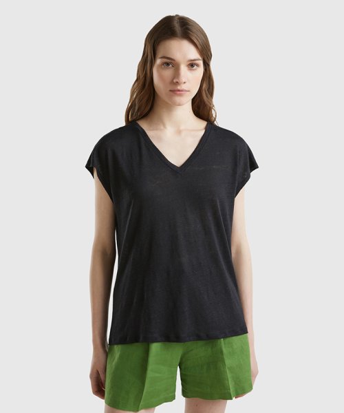 BENETTON (women)(ベネトン（レディース）)/リネン100%VネックフレンチスリーブTシャツ・カットソー/ブラック