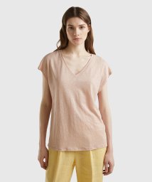 BENETTON (women)(ベネトン（レディース）)/リネン100%VネックフレンチスリーブTシャツ・カットソー/ピンクベージュ