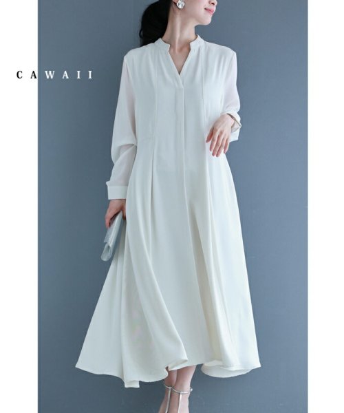 CAWAII(カワイイ)/シアー袖の上品タックミディアムワンピース/ホワイト