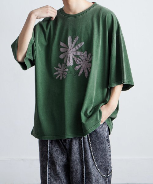 Nilway(ニルウェイ)/ピグメントプリント刺繍Tシャツ/グリーン系1