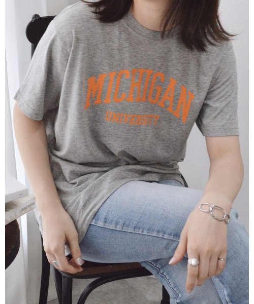 Spiritoso(スピリトーゾ)/MICHIGAN カレッジロゴプリントTシャツ/杢グレー