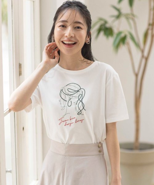 any SiS L(エニスィス（大きいサイズ）)/線画×刺繍ロゴ Tシャツ/オフ×ガール