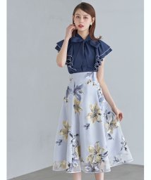 tocco closet(トッコクローゼット)/ボウタイリボン付き配色メローラッフルスリーブブラウス/NAVY