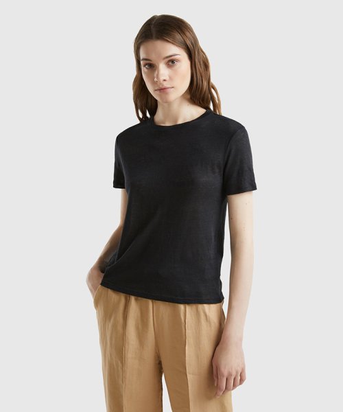 BENETTON (women)(ベネトン（レディース）)/リネン100%クルーネックTシャツ・カットソー/ブラック