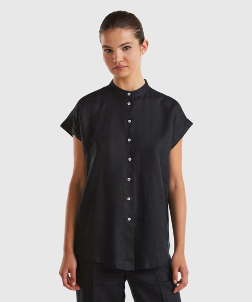 BENETTON (women)(ベネトン（レディース）)/リネン100％フレンチスリーブラウンドヘムバンドカラーシャツ・ブラウス/ブラック