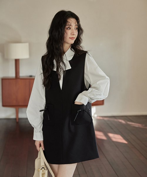 RINRE(リンレ)/韓国 ファッション ポケットリボンノースリーブミディドレス/ブラック