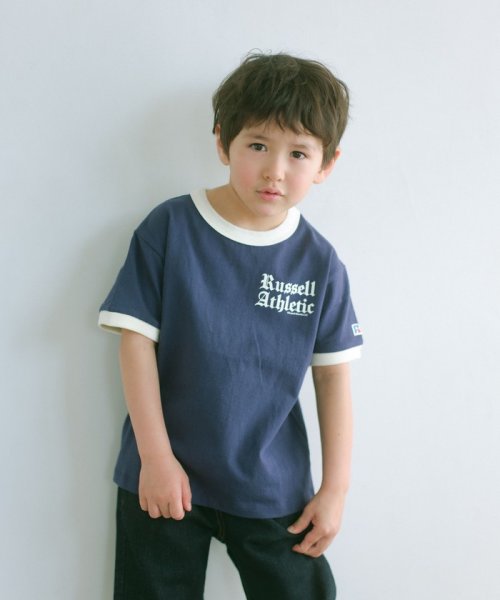 green label relaxing （Kids）(グリーンレーベルリラクシング（キッズ）)/【別注】＜RUSSELL ATHLETIC＞プリント リンガー Tシャツ 100cm－130cm/NAVY
