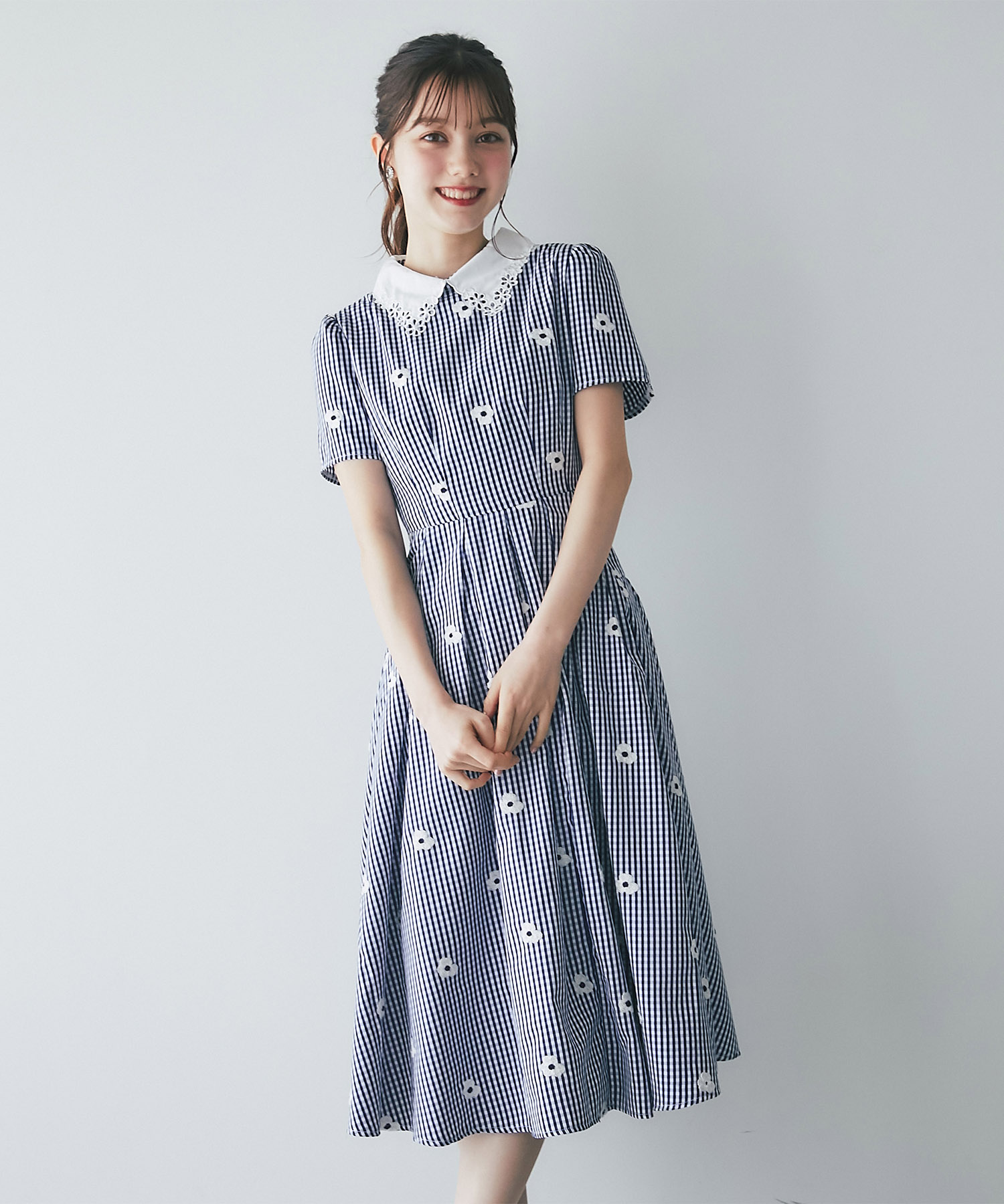 襟付きフラワー刺繍×ギンガムチェックワンピース(506105304) | トッコ 
