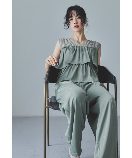 niana ニアナ フリルブラウス&ワイドパンツセットドレス パーティードレス パンツドレス 結婚式 ノースリーブ 袖なし セパレート チュール Vネック 無地 5cm ニアナ