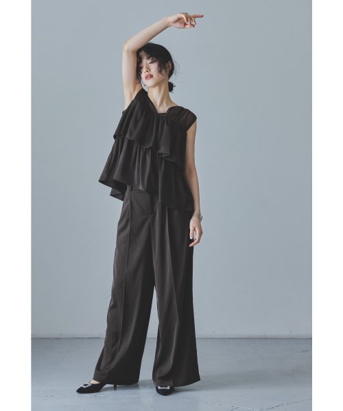 niana ニアナ フリルブラウス&ワイドパンツセットドレス パーティードレス パンツドレス 結婚式 ノースリーブ 袖なし セパレート チュール Vネック 無地 5cm ニアナ