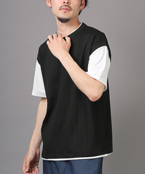 LUXSTYLE(ラグスタイル)/ベストフェイクレイヤード半袖Tシャツ/半袖Tシャツ メンズ Tシャツ 半袖 春 夏 フェイクレイヤード 重ね着風/ブラック