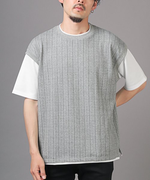 LUXSTYLE(ラグスタイル)/ベストフェイクレイヤード半袖Tシャツ/半袖Tシャツ メンズ Tシャツ 半袖 春 夏 フェイクレイヤード 重ね着風/杢グレー