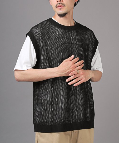 LUXSTYLE(ラグスタイル)/サマーニットベスト×半袖Tシャツセット/Tシャツ 半袖 サマーニット ニットベスト アンサンブル 2セット メンズ レディース/ブラック