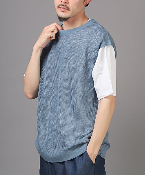 LUXSTYLE(ラグスタイル)/サマーニットベスト×半袖Tシャツセット/Tシャツ 半袖 サマーニット ニットベスト アンサンブル 2セット メンズ レディース/ブルー