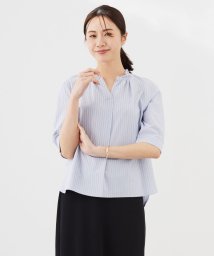 J.PRESS LADIES（LARGE SIZE）(J．プレス　レディス（大きいサイズ）)/ストライプジャージー フリル襟 カットソー/サックスブルー系1