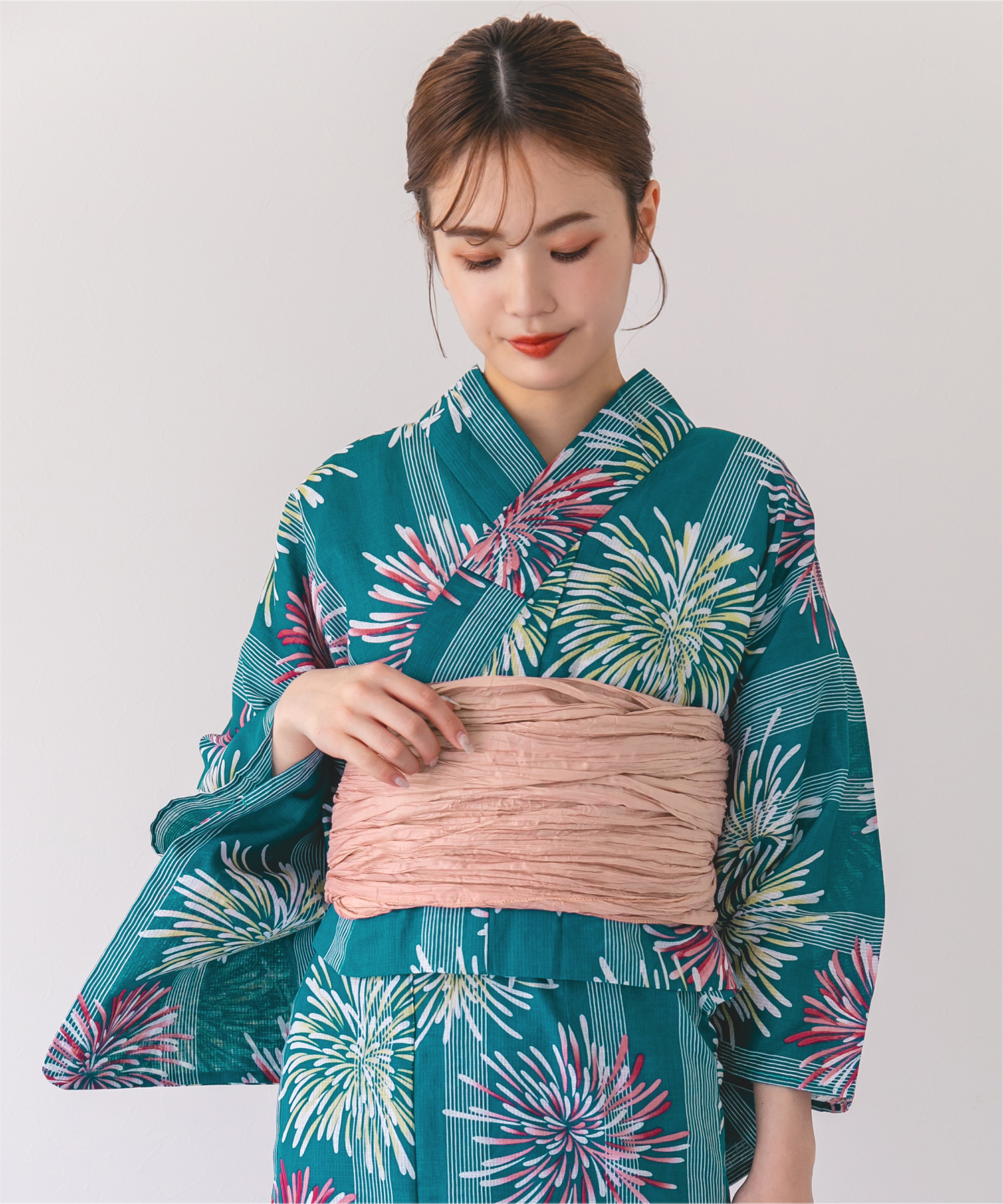 二部式浴衣+しわ兵児帯]セパレート浴衣 ストライプ花火柄/レディース