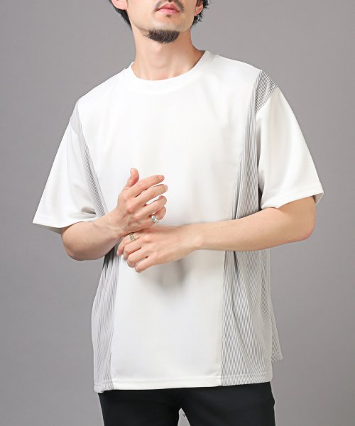 LUXSTYLE(ラグスタイル)/異素材切り替え半袖Tシャツ/Tシャツ 半袖 トップス メンズ レディース 切り替え 異素材 プリーツ ビッグシルエット/ホワイト