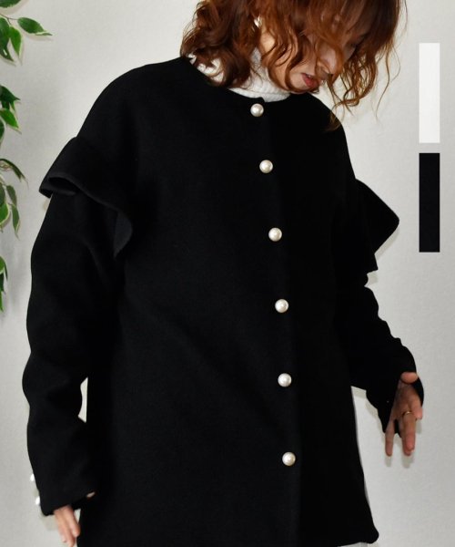 ARGO TOKYO(アルゴトウキョウ)/Ruffle Sleeve Pearl Button Jacket 21108 フリルスリーブパールボタンジャケット　オーバージャケット　ウールジャケット　フリ/ブラック