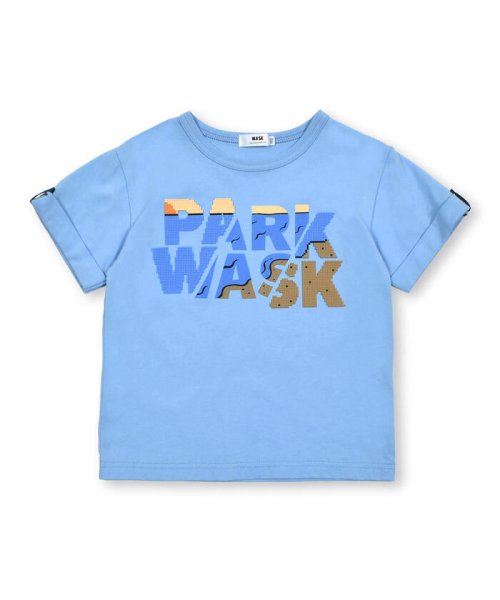 WASK(ワスク)/袖折り返しブロックプリント天竺Tシャツ(100~160cm)/ブルー