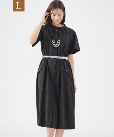 【L】【ウォッシャブル】タイプライタークレープストレッチバンドカラーシャツドレス