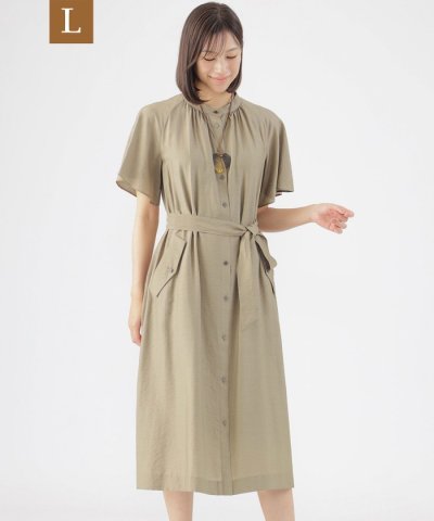【L】【ウォッシャブル】タイプライタークレープストレッチバンドカラーシャツドレス