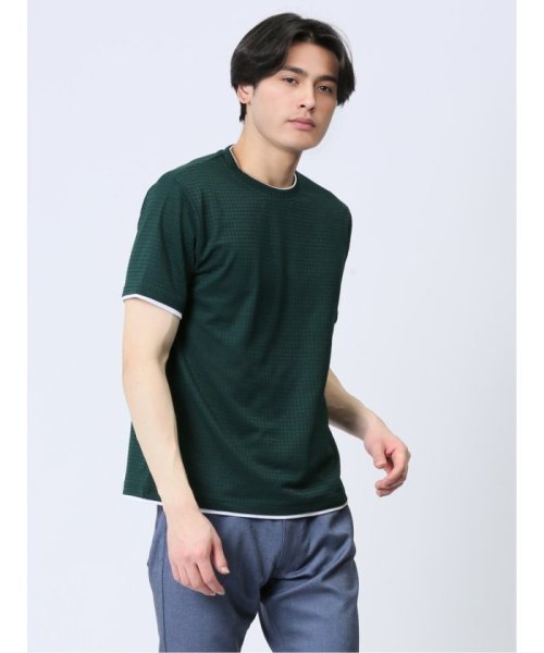 TAKA-Q(タカキュー)/リンクス千鳥 フェイククルーネック半袖Tシャツ/グリーン