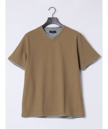 TAKA-Q/リンクス縦柄 フェイクVネック半袖Tシャツ/506125169