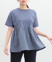 Honeys(ハニーズ)/異素材使いペプラムＴ トップス カットソー Tシャツ 半袖 チュニック丈 綿100％ /ブルー