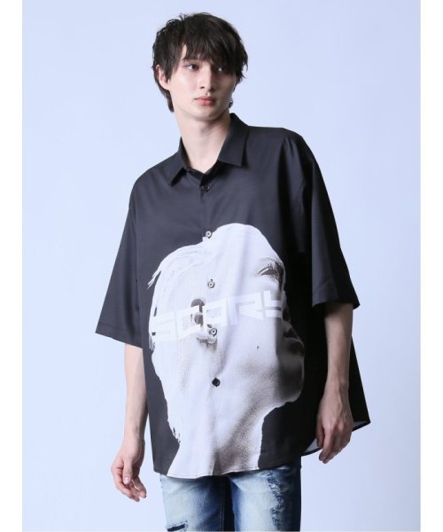 semanticdesign(セマンティックデザイン)/ストレッチ コラージュ半袖シャツ/ブラック