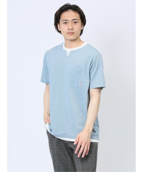 TAKA-Q(タカキュー)/さまになる フェイクレイヤード キーネック半袖Tシャツ/モスグリーン