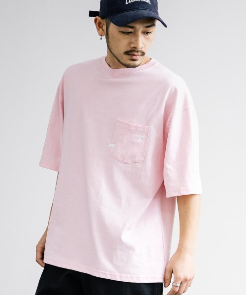 Rocky Monroe(ロッキーモンロー)/Tシャツ 半袖 刺繍 メンズ レディース ワンポイント カットソー クルーネック グラフィック オーバーサイズ ビッグシルエット 猫 肉球 イラスト シンプル /ピンク
