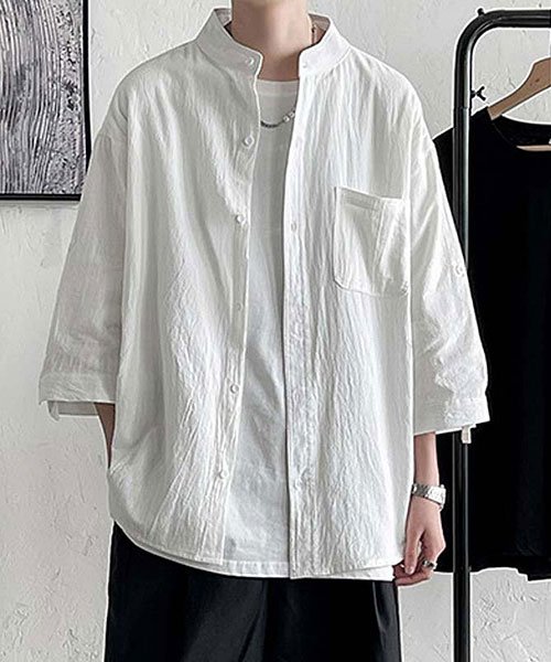 TopIsm(トップイズム)/シャツ メンズ 7分袖シャツ ロールアップ 半端袖 カジュアルシャツ トップス/ホワイト