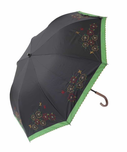 Jocomomola(ホコモモラ)/【晴雨兼用/UV】フラワー刺繍デザイン折りたたみ傘/ブラック