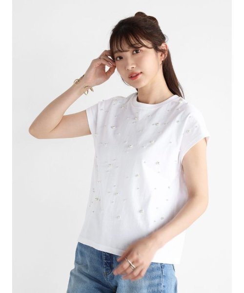 Vin(ヴァン)/フレンチスリーブパールデザインTシャツ/ホワイト