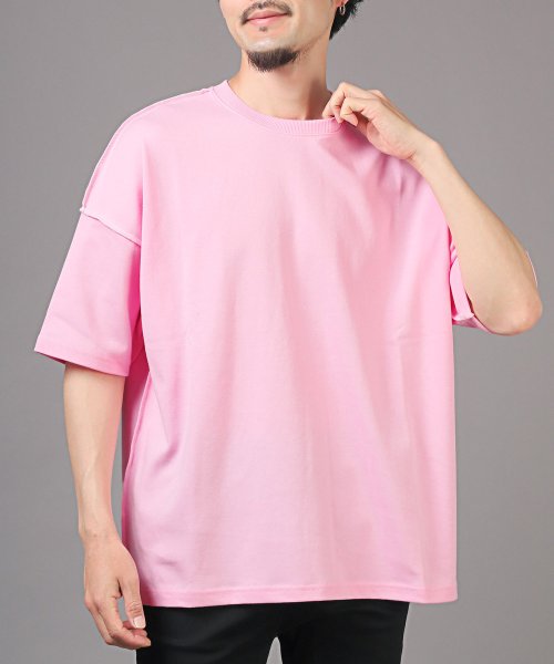 LUXSTYLE(ラグスタイル)/無地ステッチ半袖Tシャツ/Tシャツ 半袖 トップス メンズ レディース 春夏 サマー ビッグシルエット/ピンク