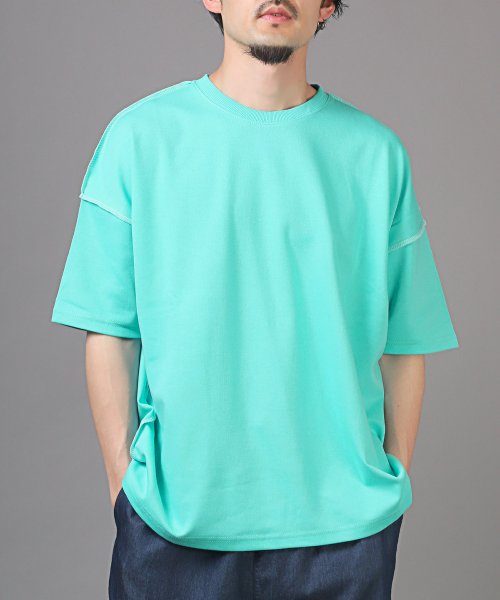 LUXSTYLE(ラグスタイル)/無地ステッチ半袖Tシャツ/Tシャツ 半袖 トップス メンズ レディース 春夏 サマー ビッグシルエット/グリーン