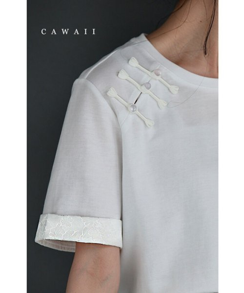 CAWAII(カワイイ)/刺繍袖のチャイナボタンTシャツトップス/ホワイト
