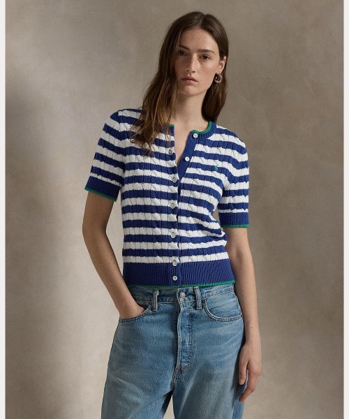 ストライプド ケーブルニット ショートスリーブ カーディガン  