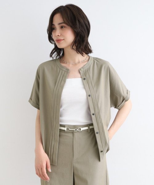 【UVケア／接触冷感／SETUP可能】麻混ストレッチ タックブラウス 