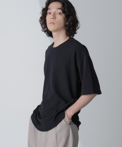 nano・universe(ナノ・ユニバース)/リンクスジャガードコンビTシャツ 半袖/ブラック