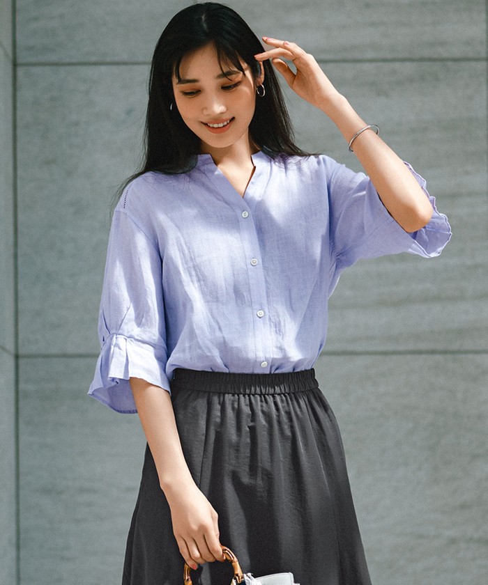 洗える】LIBECOリネン デザインスリーブ ブラウス(506179752)｜阪急