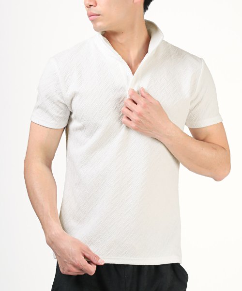 LUXSTYLE(ラグスタイル)/ランダムヘリンボーンイタリアンカラー半袖ポロシャツ/ポロシャツ 半袖 メンズ メンズポロシャツ 夏 イタリアンカラー 立て襟/ホワイト