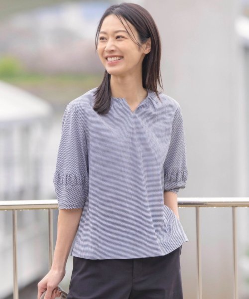 【洗える】アセVis ギンガム ボリュームスリーブ ブラウス 大きいサイズ 小さいサイズ